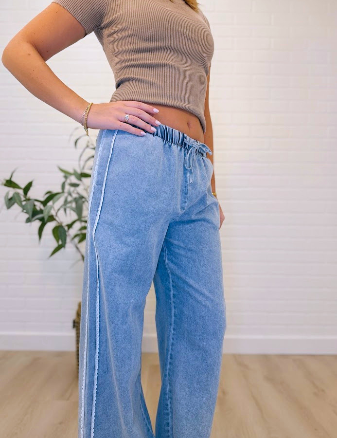Lace Trim Wide Leg Denim Pants