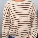 Cream Striped Drop Shoulder Crew Neck Sweater