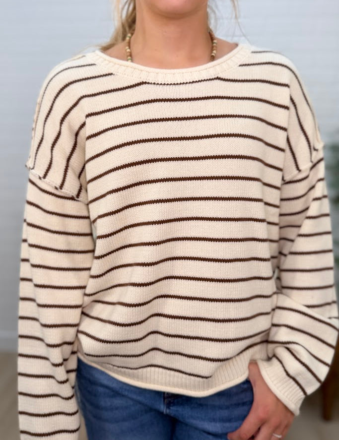 Cream Striped Drop Shoulder Crew Neck Sweater