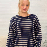 Cream Striped Drop Shoulder Crew Neck Sweater