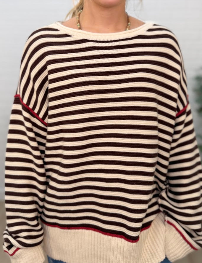 Stripe Contrast Stitch Raw Edge Knit Sweater