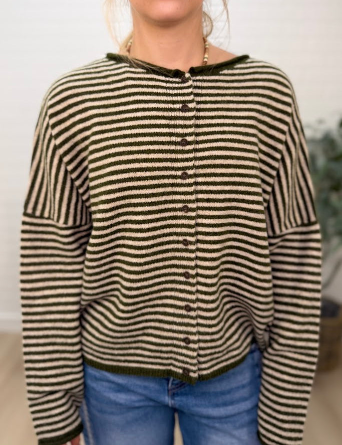 Stripe Raw Edge Drop Shoulder Knit Cardigan