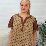 Vintage Texture Floral Printed Cont Gauze Blouse Top