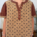 Vintage Texture Floral Printed Cont Gauze Blouse Top