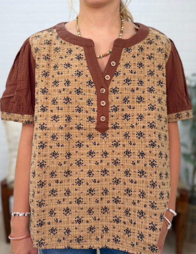 Vintage Texture Floral Printed Cont Gauze Blouse Top