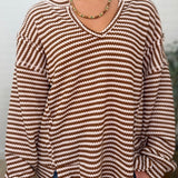 Stripe Split Neck Long Sleeve Seam Detail Knit Top