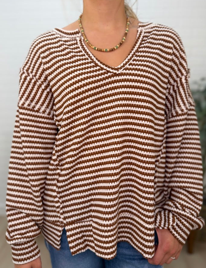 Stripe Split Neck Long Sleeve Seam Detail Knit Top