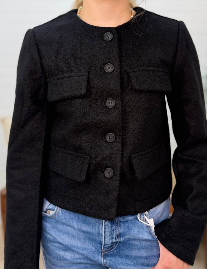 Button Down Solid Tweed Jacket