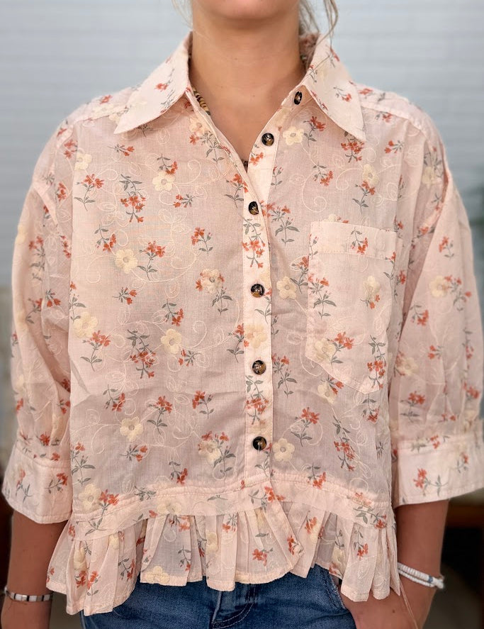 Romantic Floral Collared Blouse With Bell Sleeves Ruffle Hem