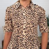 Leopard Printed Short Sleeves Shirred Blouse Top