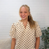 Linen Blend Polka Dot Print Bubble Sleeve Blouse Top