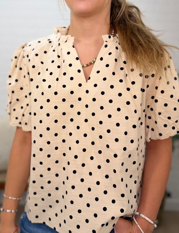 Linen Blend Polka Dot Print Bubble Sleeve Blouse Top