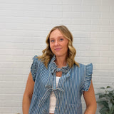 Striped Ruffle Sleeve Tie Front Chambray Vest