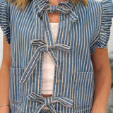 Striped Ruffle Sleeve Tie Front Chambray Vest