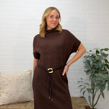 Short Sleeve High Neck Loose Fit Long Dress With Belt