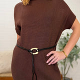 Short Sleeve High Neck Loose Fit Long Dress With Belt