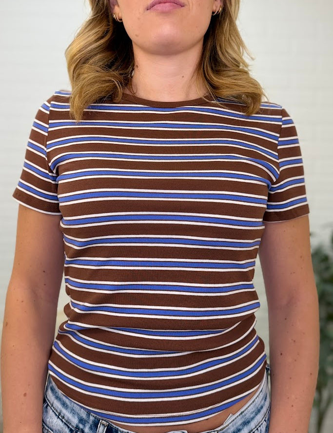 Short Sleeve Crew Neck Multi Striped 1x1 Rib Top
