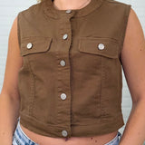 Sleeveless Button Down Stretch Denim Top