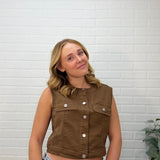 Sleeveless Button Down Stretch Denim Top