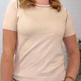 Short Sleeve Round Neck Knit Top With Contrasting Line Detail