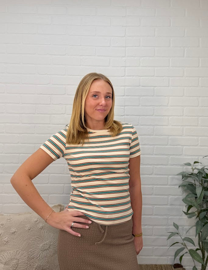 Short Sleeve Crew Neck Multi Striped 1x1 Rib Top