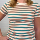 Short Sleeve Crew Neck Multi Striped 1x1 Rib Top