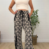 Floral Jacquard Side Lace Trim Elastic Pants