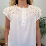 Ruffled Yoke Short Sleeve Henley Blouse