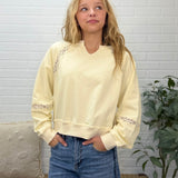 Raw Edge Notch Neck Lace Detail French Terry Sweatshirt Top