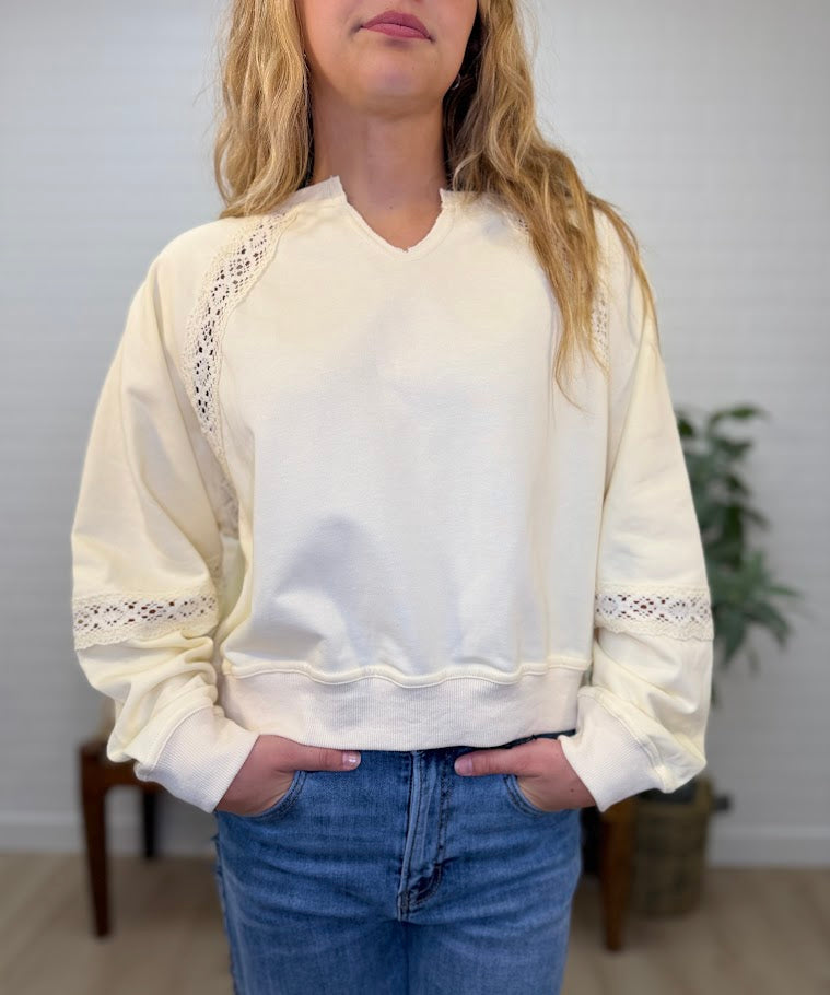 Raw Edge Notch Neck Lace Detail French Terry Sweatshirt Top