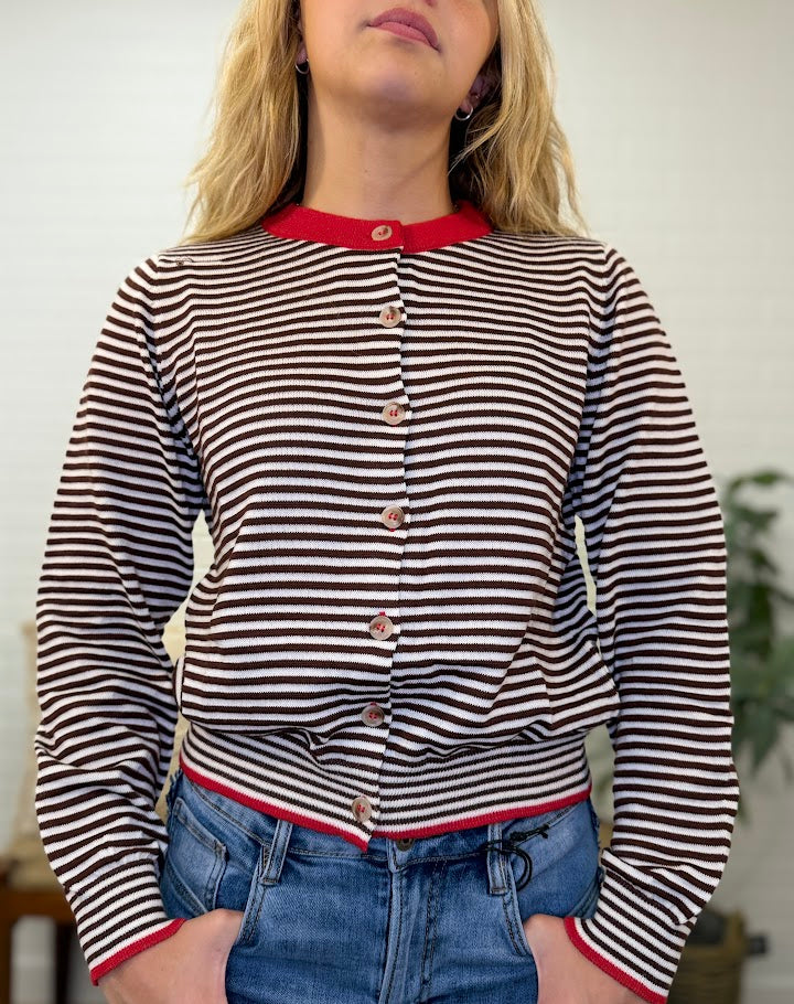 Stripe Contrast Trim Button Down Knit Cardigan