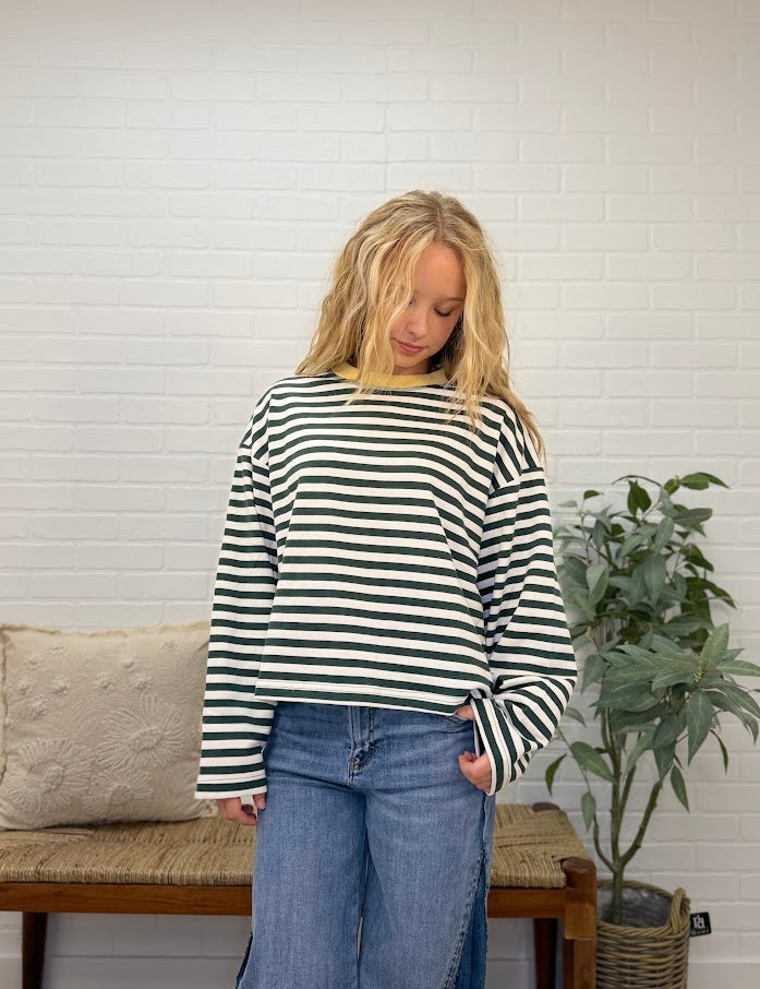 Color Block Neck Trim Long Sleeve Boxy Knit Top