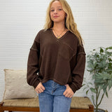 Split Neck Raw Edge Long Sleeve Ribbed Knit Top