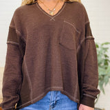 Split Neck Raw Edge Long Sleeve Ribbed Knit Top
