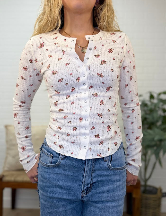 Floral Snap Front Long Sleeve Waffle Knit Top