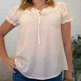 Ruffled Boat Neck Front Tie Puff Sleeve Top