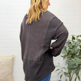 Split Neck Raw Edge Long Sleeve Ribbed Knit Top