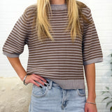Textured Stripe Crew Neck Half Sleeve Sweater