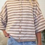 Stripe Raw Edge Short Sleeve Button Down Cardigan
