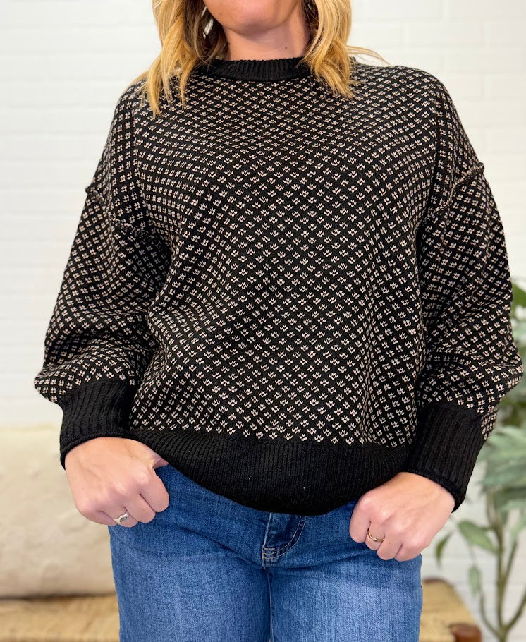 Mini Jacquard Crew Neck Long Sleeve Knit Sweater