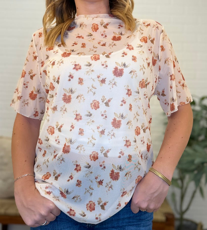Mesh Floral Printed High Neck Line Short Sleeve Top