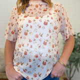 Mesh Floral Printed High Neck Line Short Sleeve Top