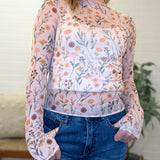 Floral Print Mesh Knit Long Sleeve Top With Thumb Opening