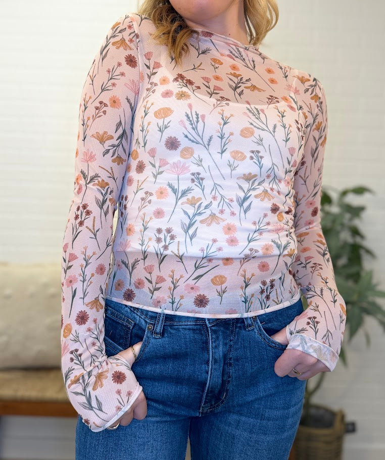 Floral Print Mesh Knit Long Sleeve Top With Thumb Opening