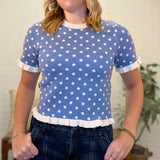 Polka Dot Ruffled Short Sleeves Sweater Knit Top