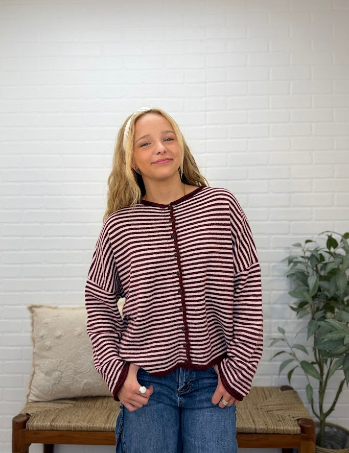 Stripe Raw Edge Button Down Long Sleeve Cardigan