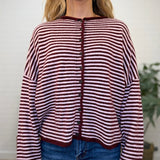 Stripe Raw Edge Button Down Long Sleeve Cardigan