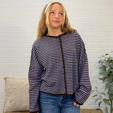 Stripe Raw Edge Button Down Long Sleeve Cardigan