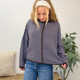 Stripe Raw Edge Button Down Long Sleeve Cardigan