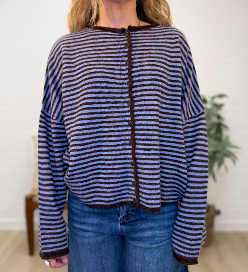 Stripe Raw Edge Button Down Long Sleeve Cardigan